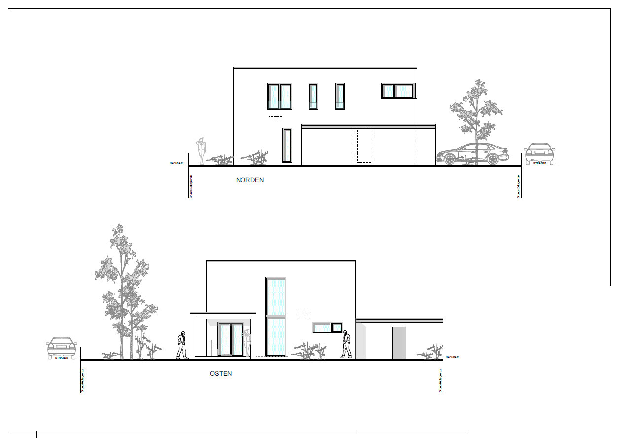 Modern residential facades north and east view with garage, cars and trees.