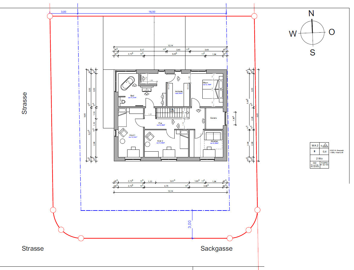 Floor plan of a house with interior rooms, hallway, staircase and outdoor area bordering a street.
