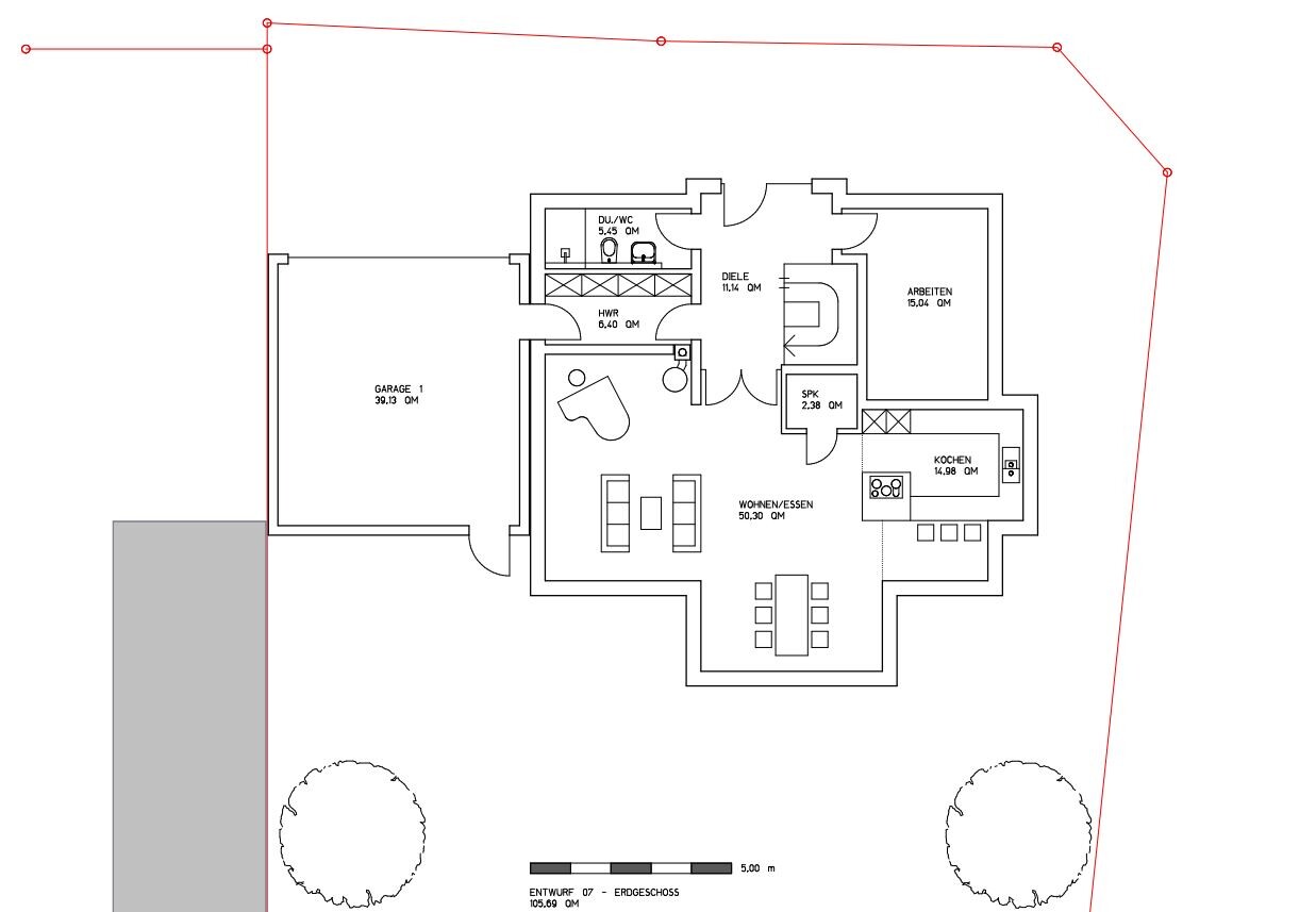 Floor plan of a house with garage on the left, hallway, living/dining area, kitchen, bathroom, utility room and office, garden.