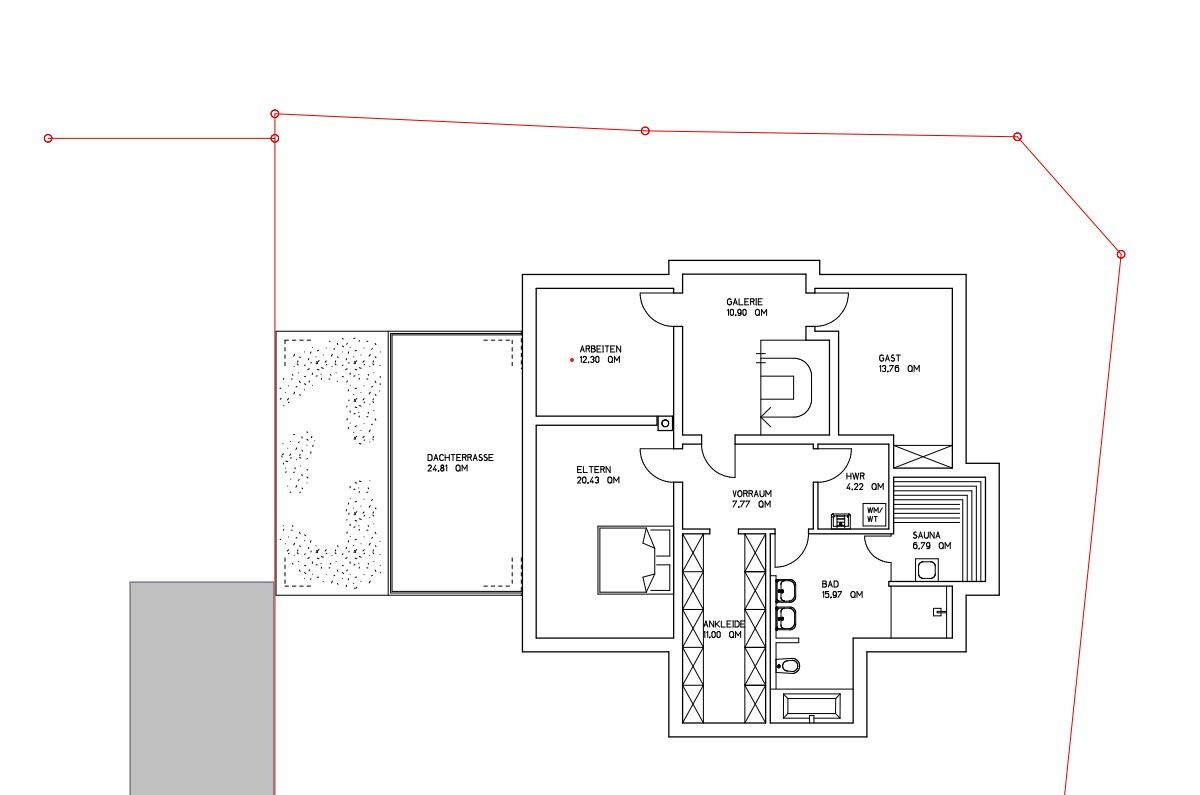 Floor plan of a house with roof terrace, master bedroom, office, gallery, guest room, bathroom and sauna.