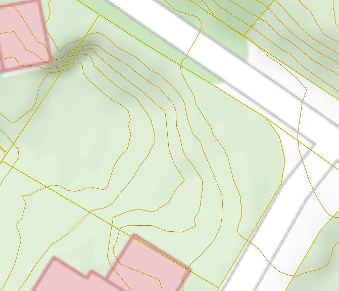 Topographic map with green areas, yellow contours, pink parcels and streets.