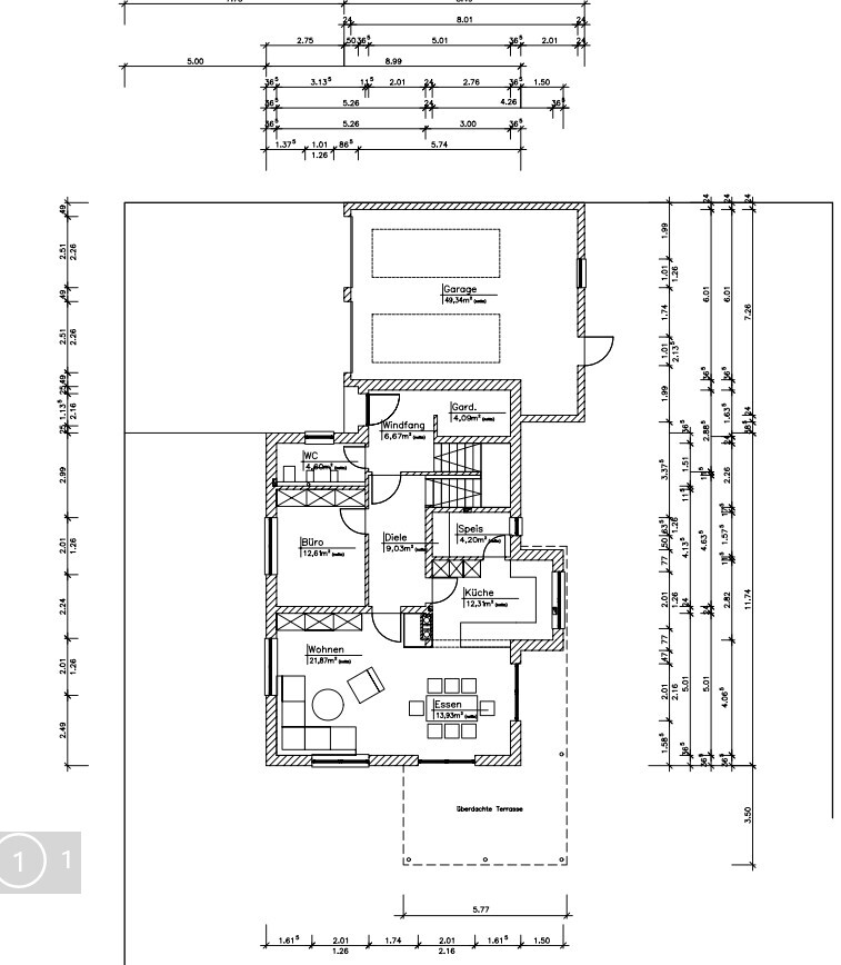 Floor plan of a house with garage, kitchen, dining, living, office, WC, entrance hall, pantry, vestibule, terrace