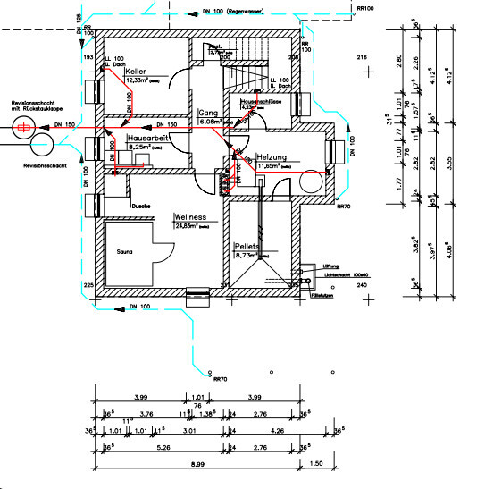 Basement floor plan: wellness area, sauna, pellet heating, corridor; dimensions