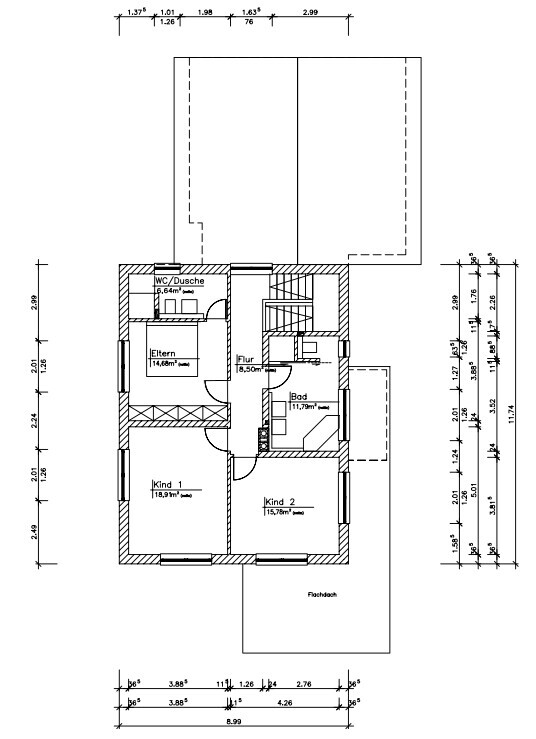 Floor plan of a house: master bedroom, child 1, child 2, bathroom, WC/shower, hallway, stairwell.