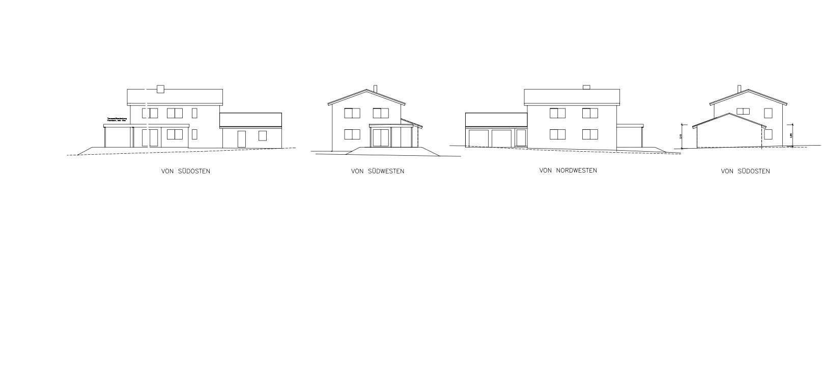 Four houses in line drawings, views from four directions.