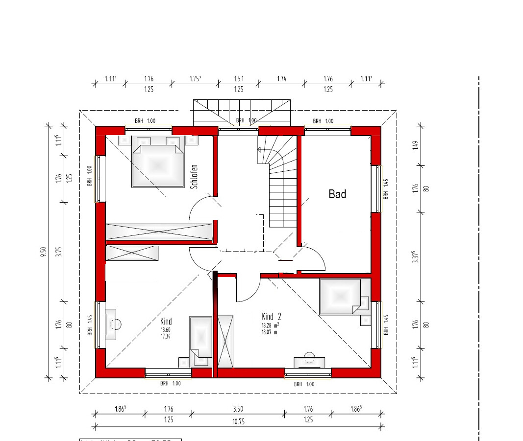 Grundriss eines Hauses: zentrale Treppe, Schlafzimmer, Bad, zwei Kinderzimmer, rote Außenwände.