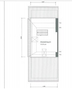 Attic floor plan with storage room, central staircase, and roof area.