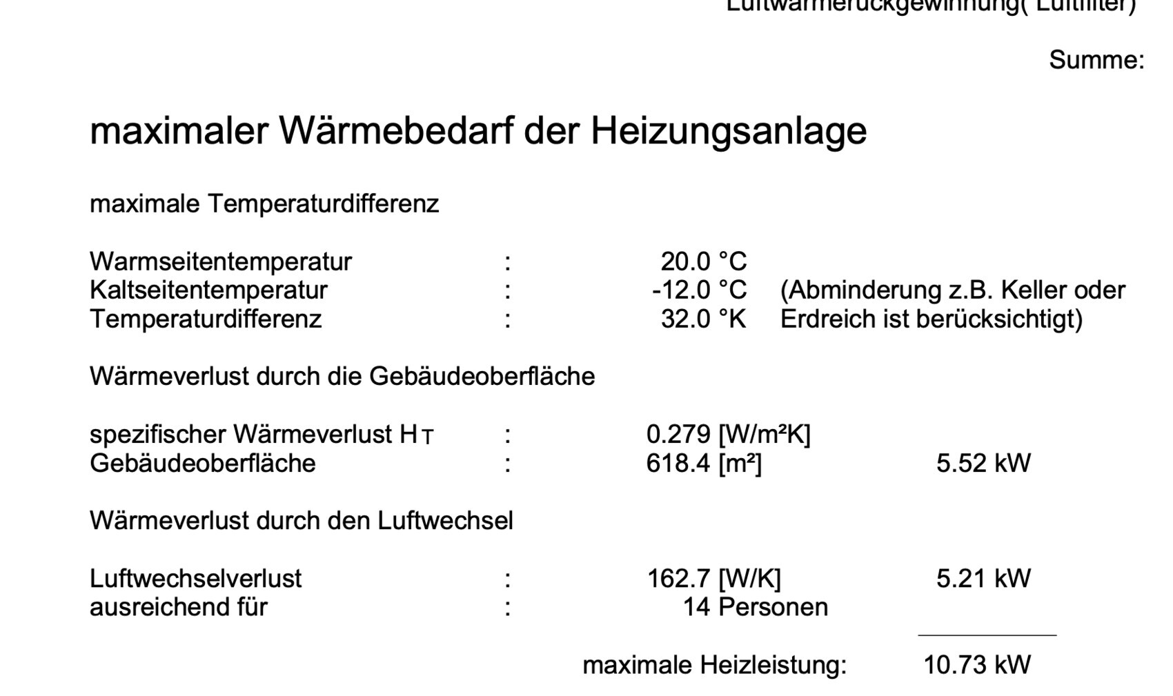 Calculation of the maximum heat demand of the heating system with temperature difference and losses.