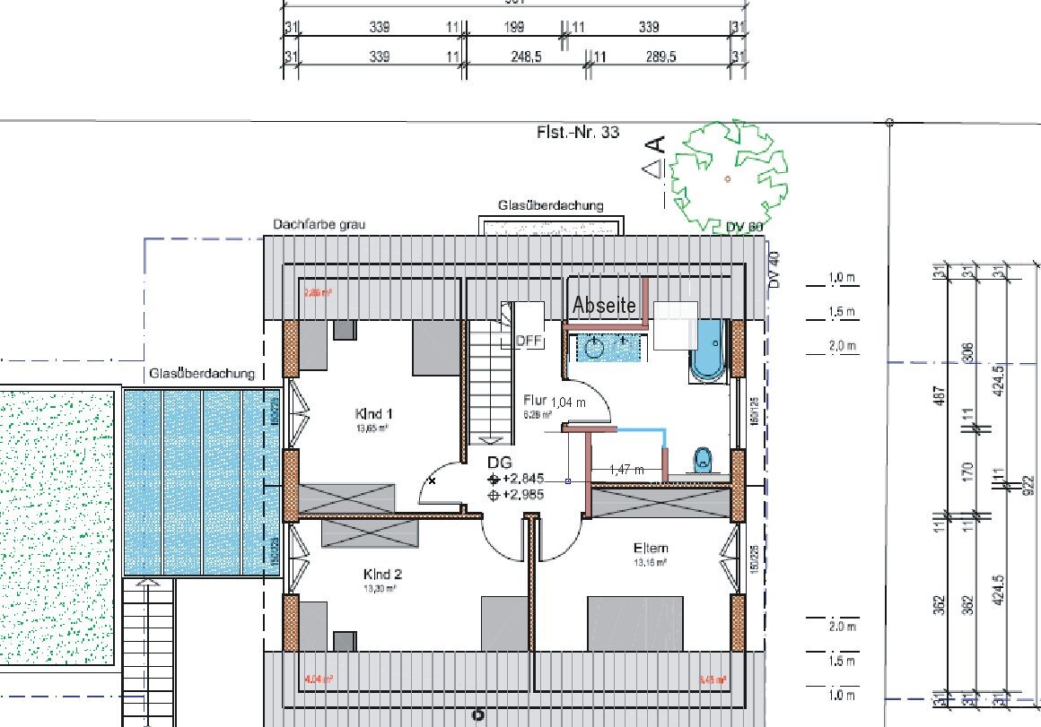 Floor plan of the attic: master bedroom, child 1, child 2, hallway, storage space, bathroom, stairs.