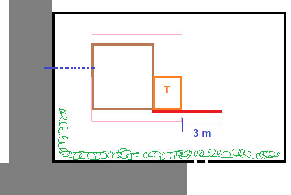 Skizze eines braunen Quadrats mit rechts orange T-Rechteck, rote Grundlinie und 3 m Maß.
