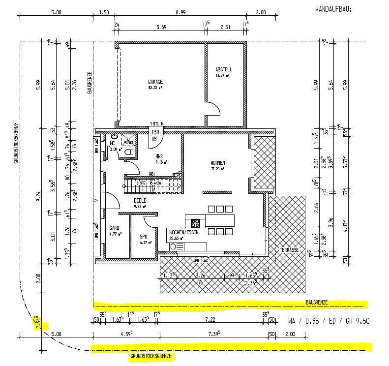 Grundriss eines Hauses: Garage, Abstellraum, Wohnen, Kochen/Essen, Diele, Terrasse.
