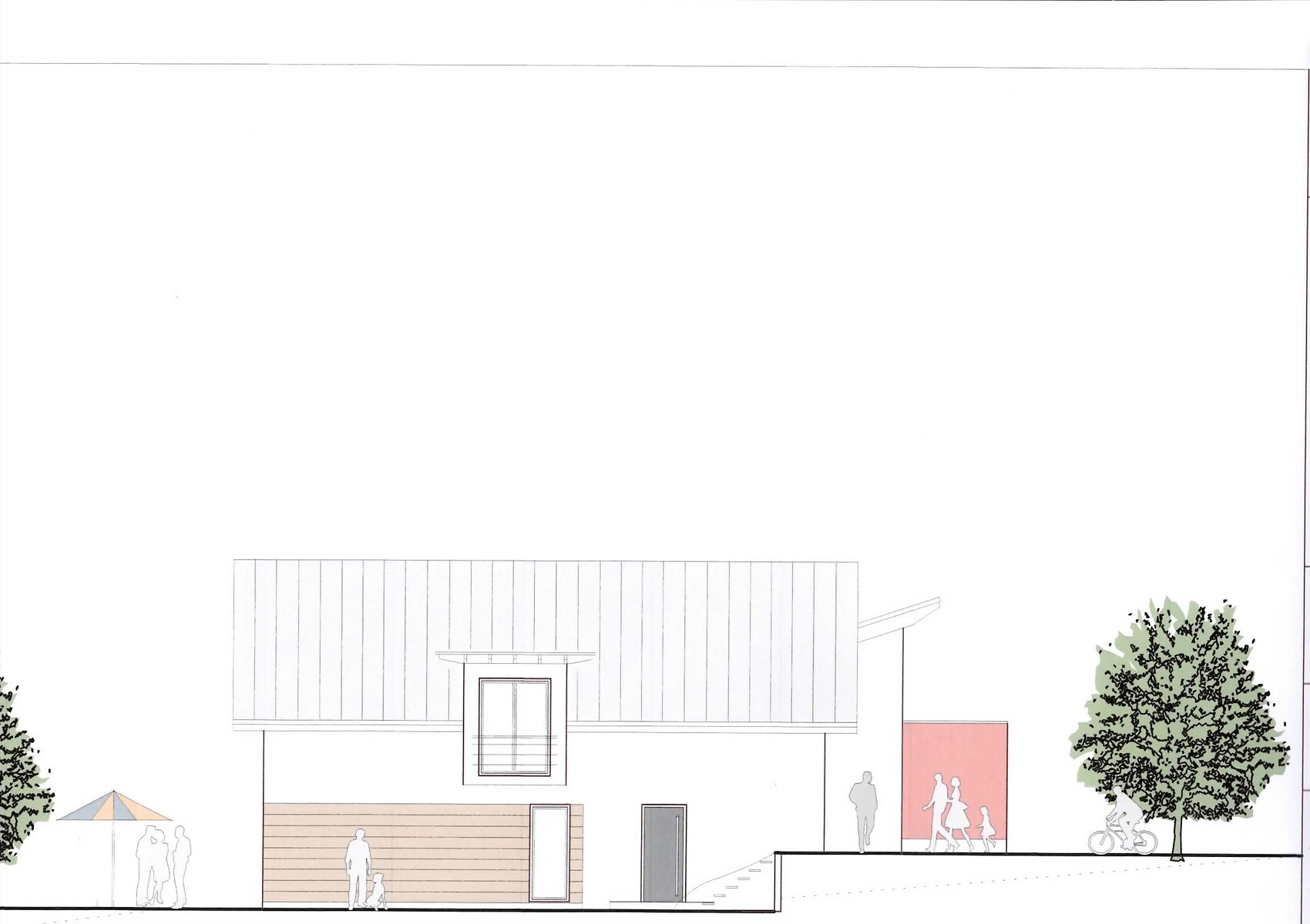 Architekturzeichnung einer Hausfront mit Dach, Fenstern, Tür und Bäumen im Garten