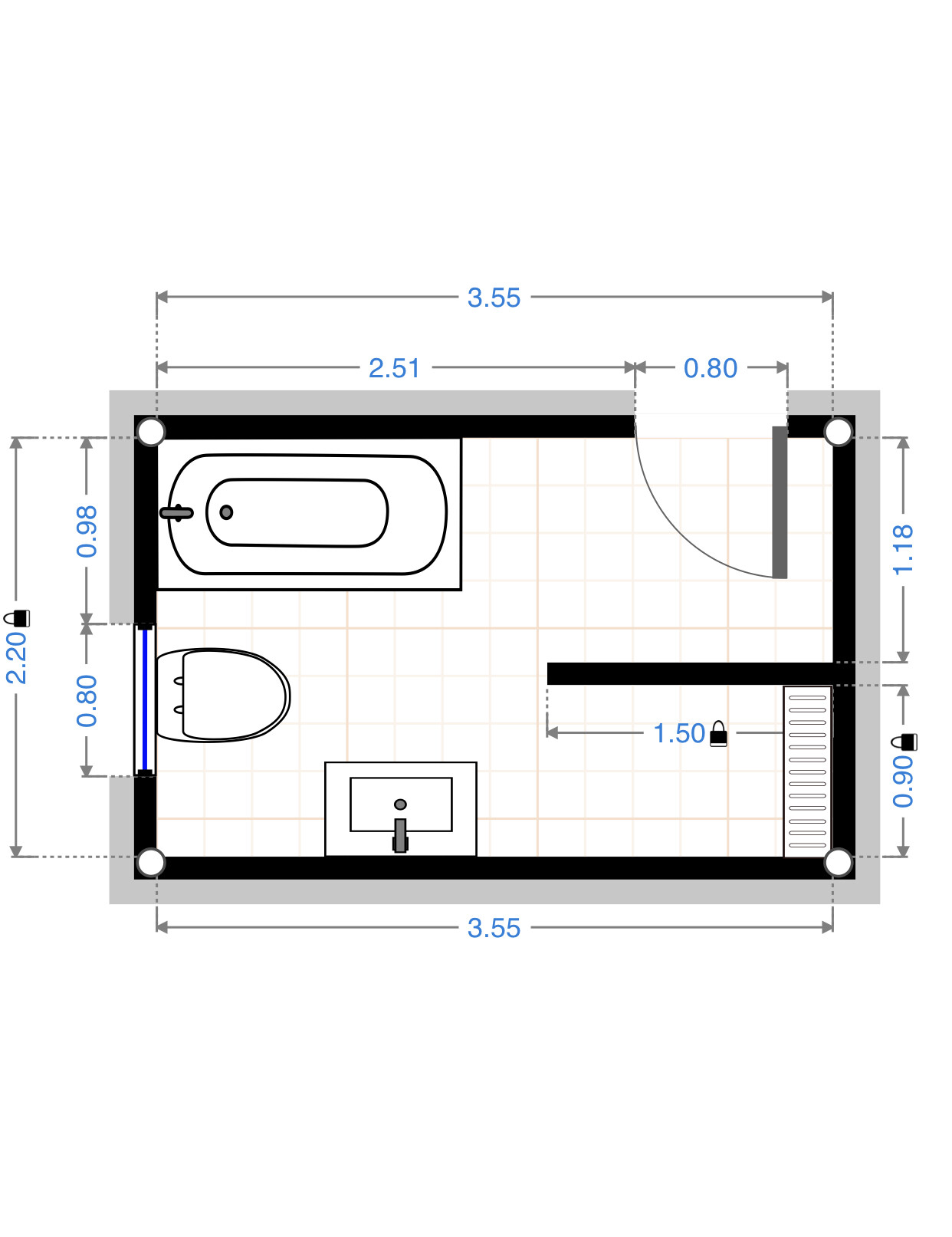 Bathroom floor plan: Bathtub on the left, toilet bottom left, sink at the bottom, radiator on the right