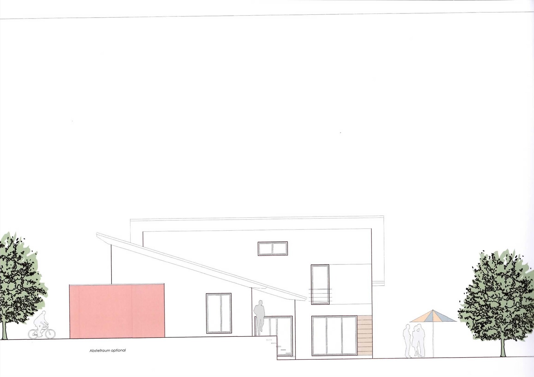 Moderne zweigeschossige Hausfassade mit diagonalem Dachüberstand, Bäumen und Terrasse.