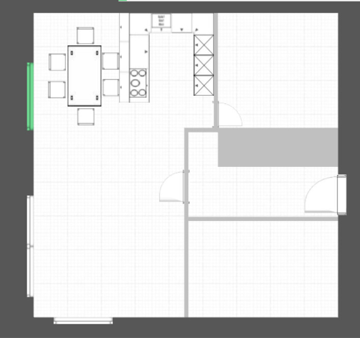 Floor plan of an open living and kitchen area with dining table, kitchen island, and adjoining rooms.