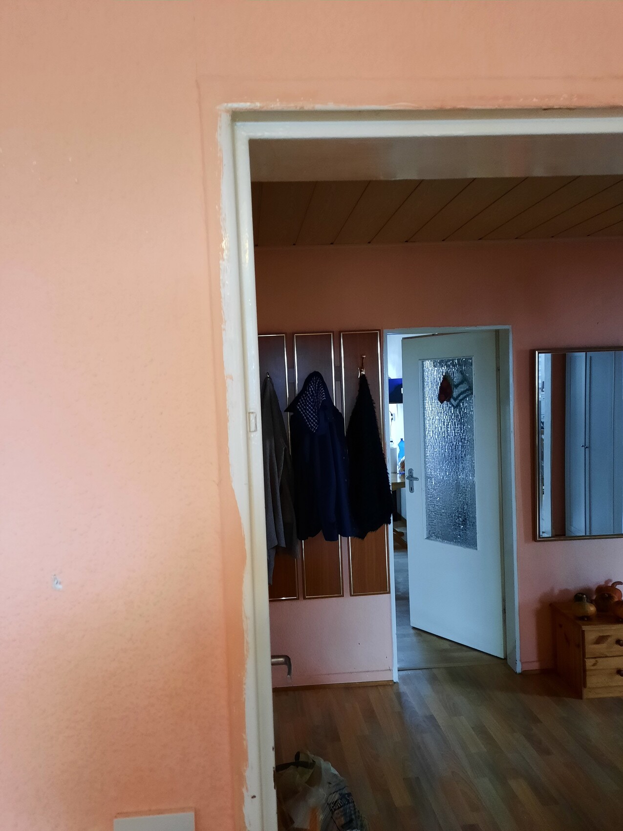 View of pink entrance area with coat rack and door