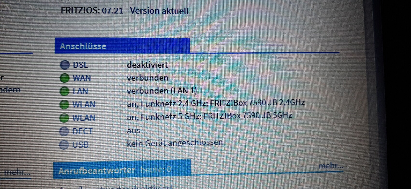 FRITZ!OS router: DSL disabled, WAN/LAN/WLAN connected, DECT off, USB empty.