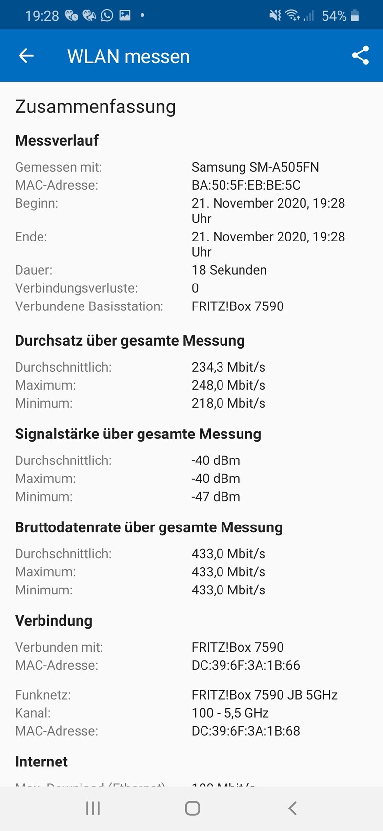 Screenshot of a Wi-Fi measurement app with summary of measurements (throughput, signal strength).