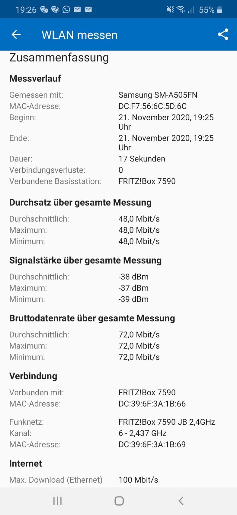 Wi-Fi measurement: measurement progress, throughput, signal strength, and connection to FRITZ!Box 7590.