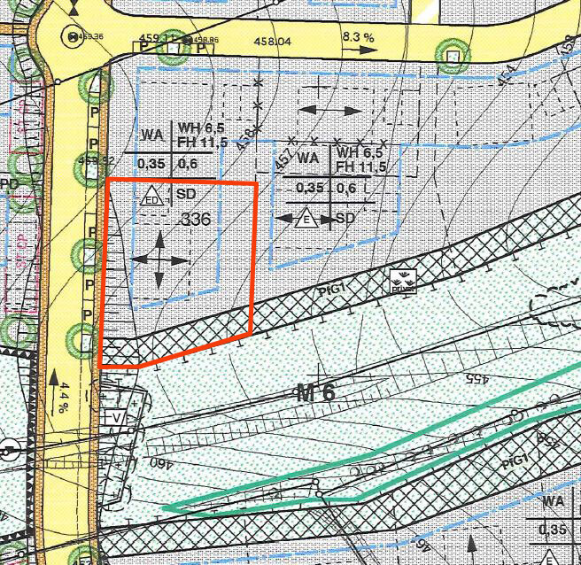 Zoning/building plan with red plot polygon, yellow road, and blue lines.