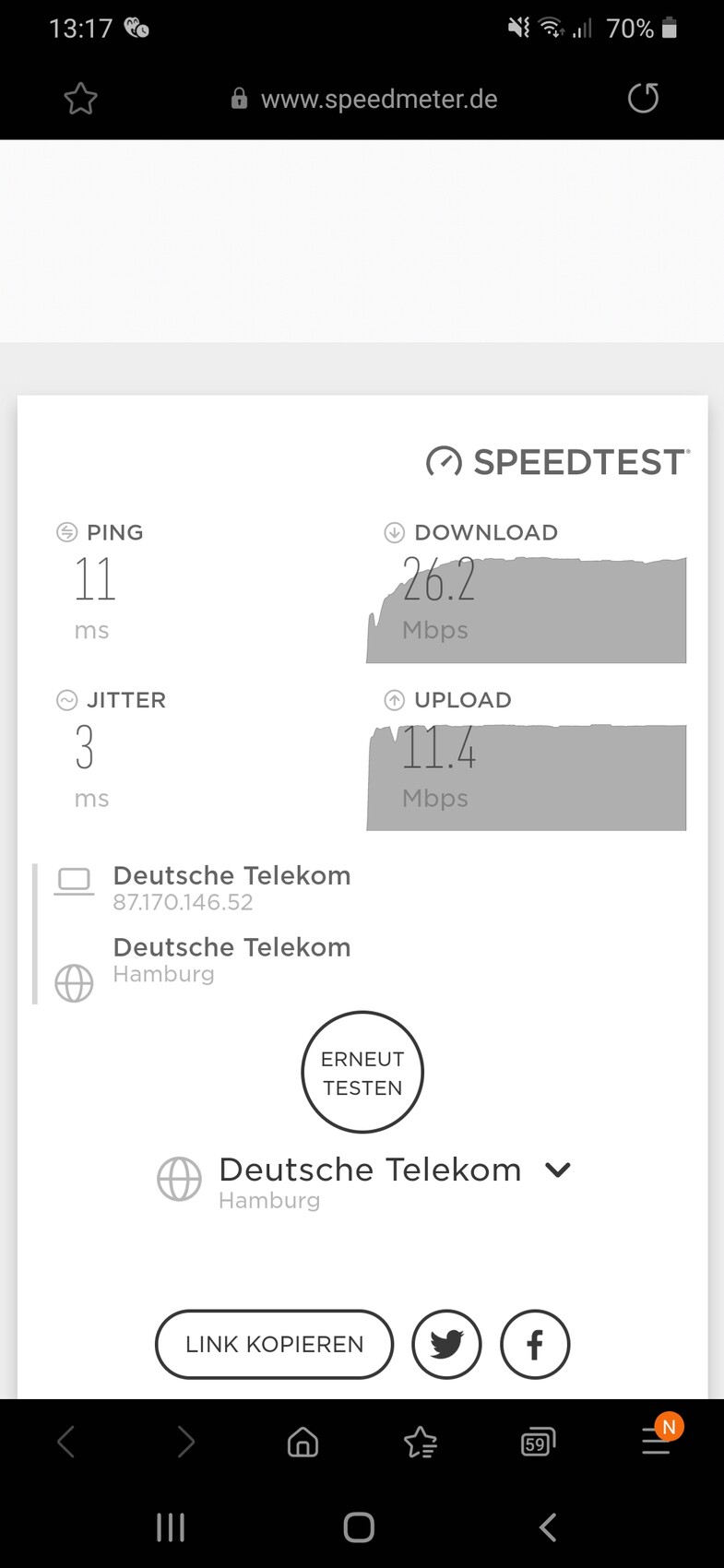 Speedtest-Ergebnis: Ping 11 ms, Jitter 3 ms, Download ~26 Mbps, Upload ~11 Mbps (Telekom Hamburg).