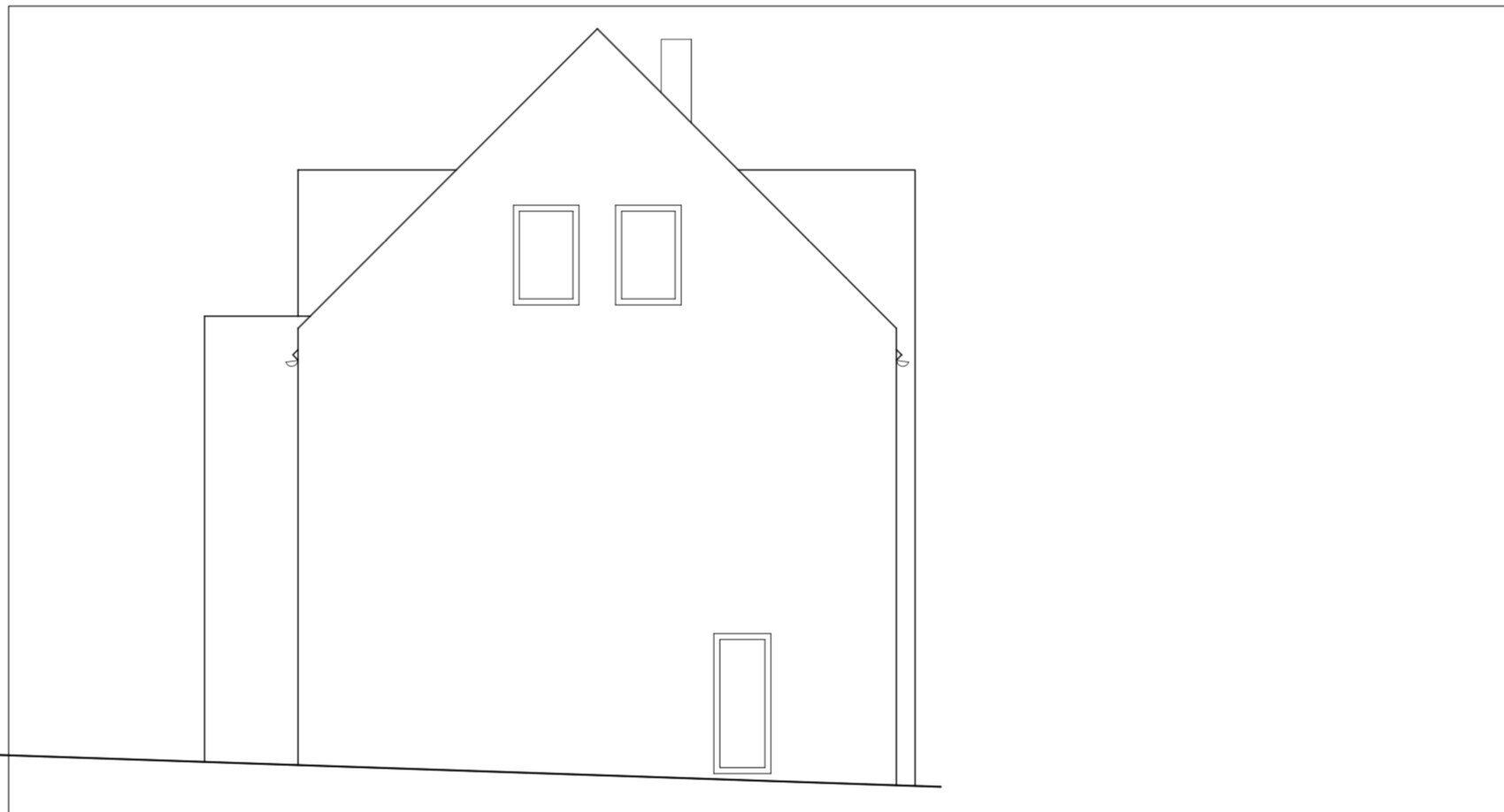 Line drawing of a house with a pitched roof, two windows above, door below, and a chimney