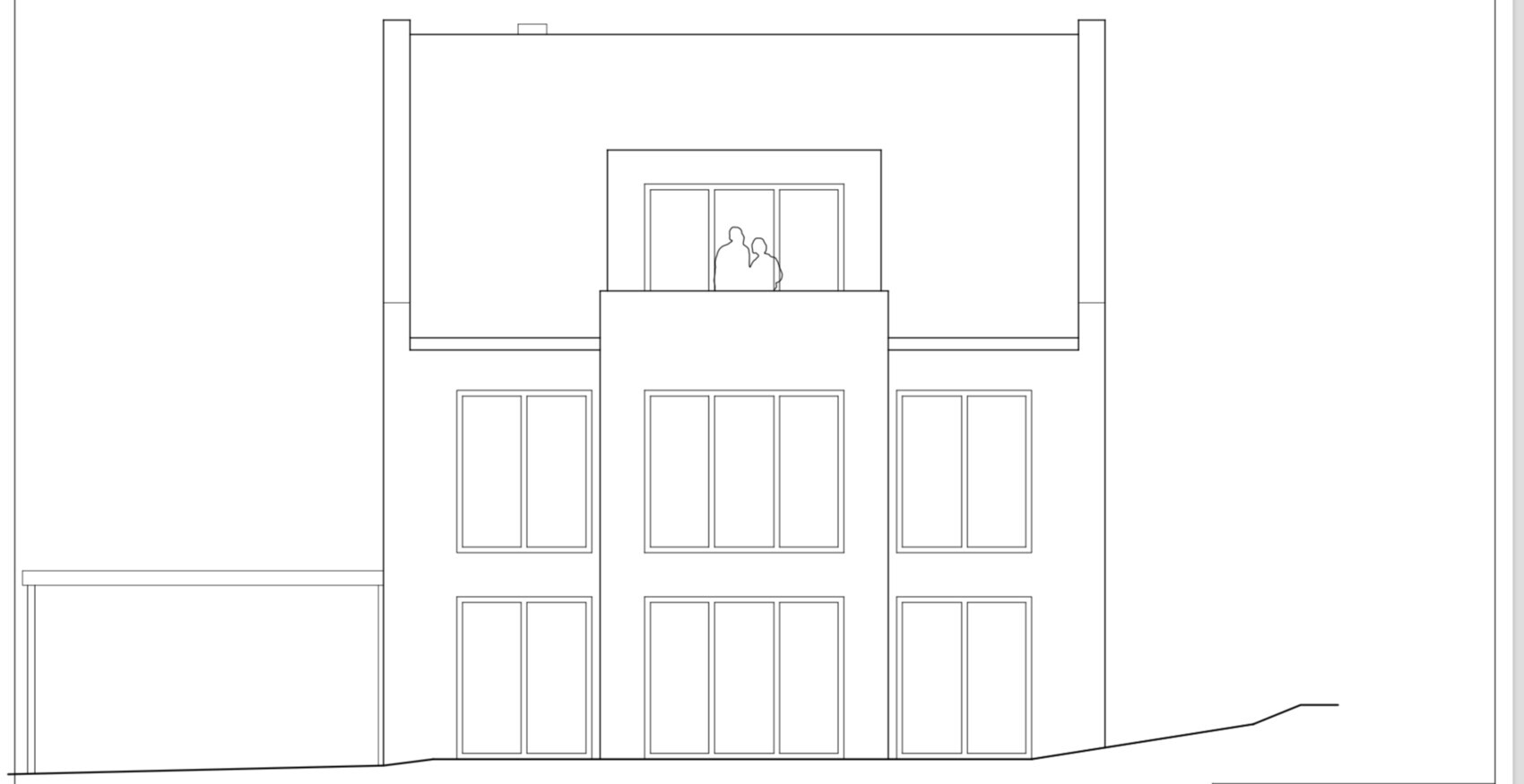 Two-story residential building with large window fronts; upper terrace with two people.