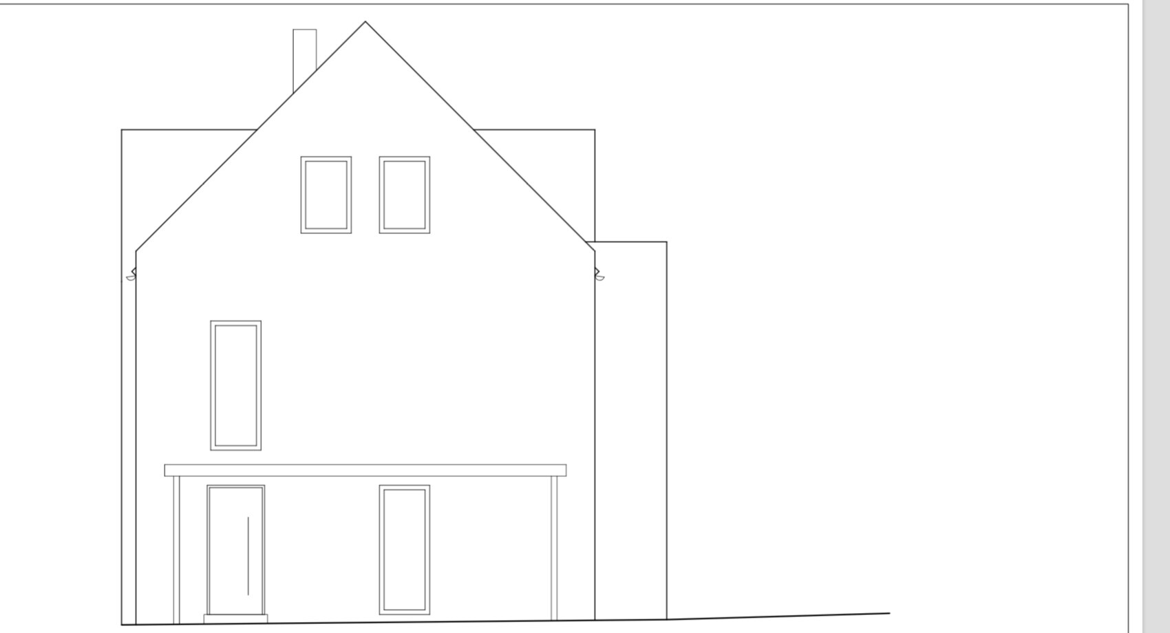 Two-story house with pitched roof, chimney, windows, and veranda.