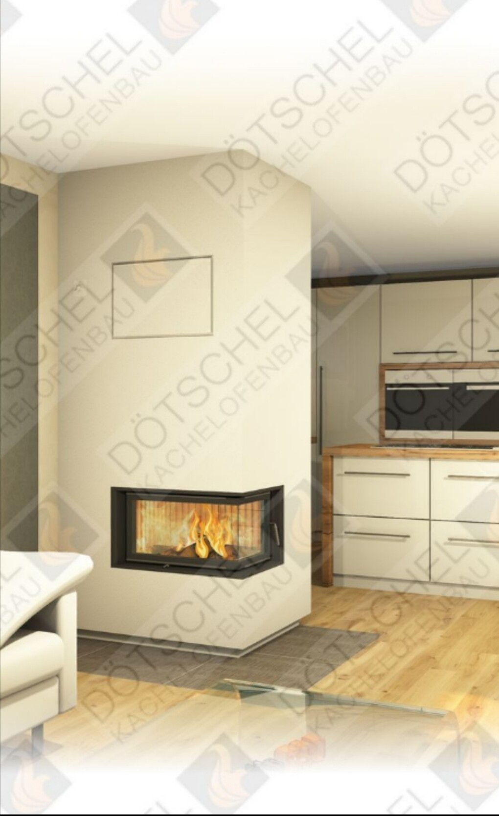Open living kitchen with fireplace wall and wooden countertop.