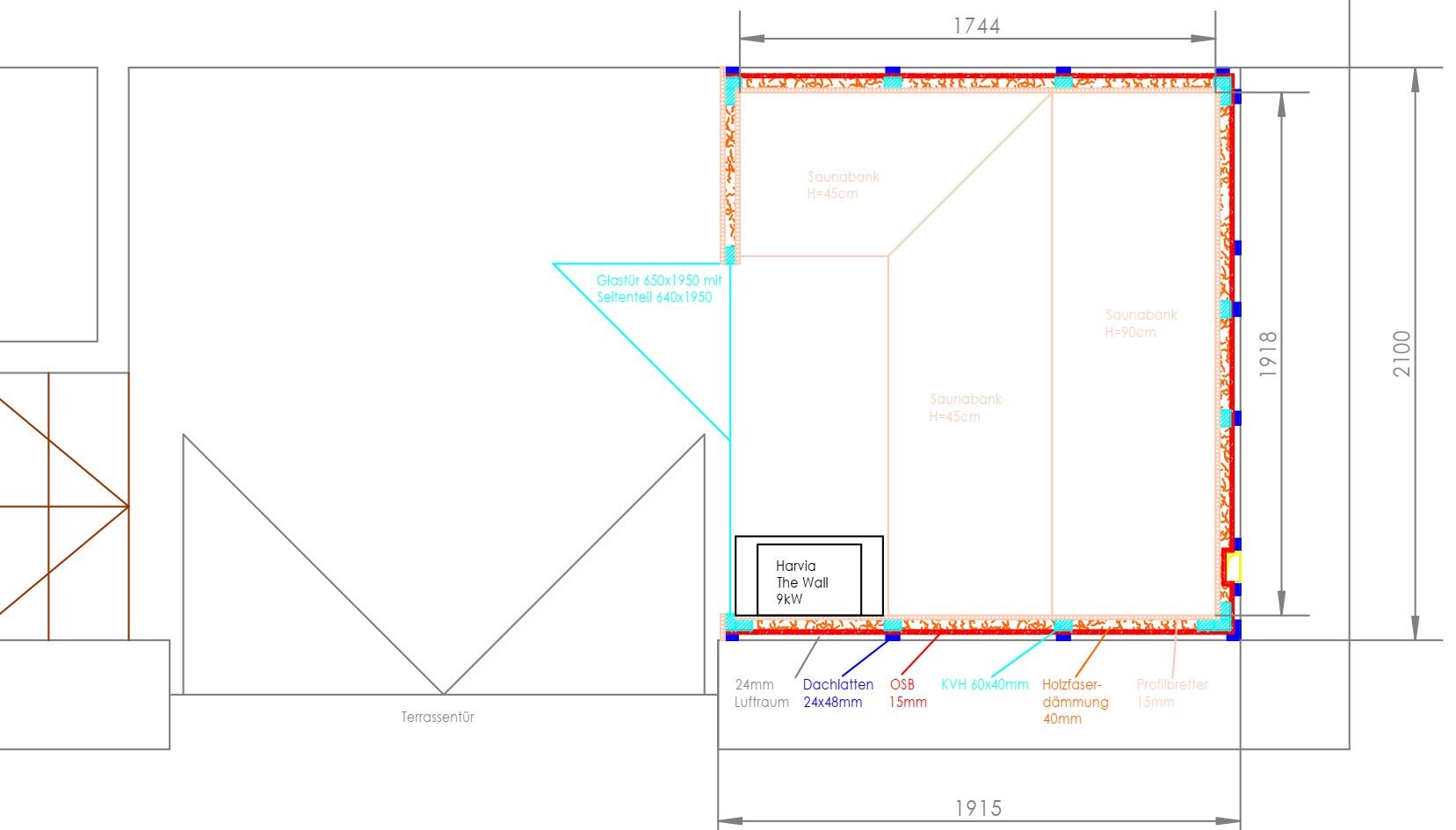 Floor plan of a sauna room with heater, wooden bench, door, insulation, and dimensions