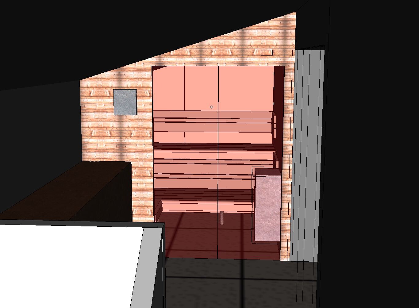 Small storage room with pink cabinets/shelves in front of a brick wall, gray door on the right.
