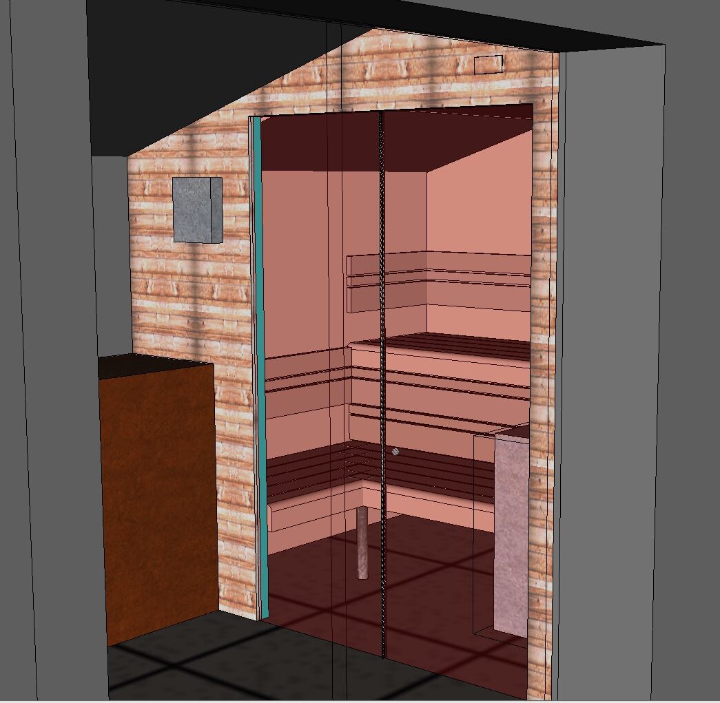 3D rendering of an open elevator with glass front in front of a brick wall, pink interior walls and shelves.