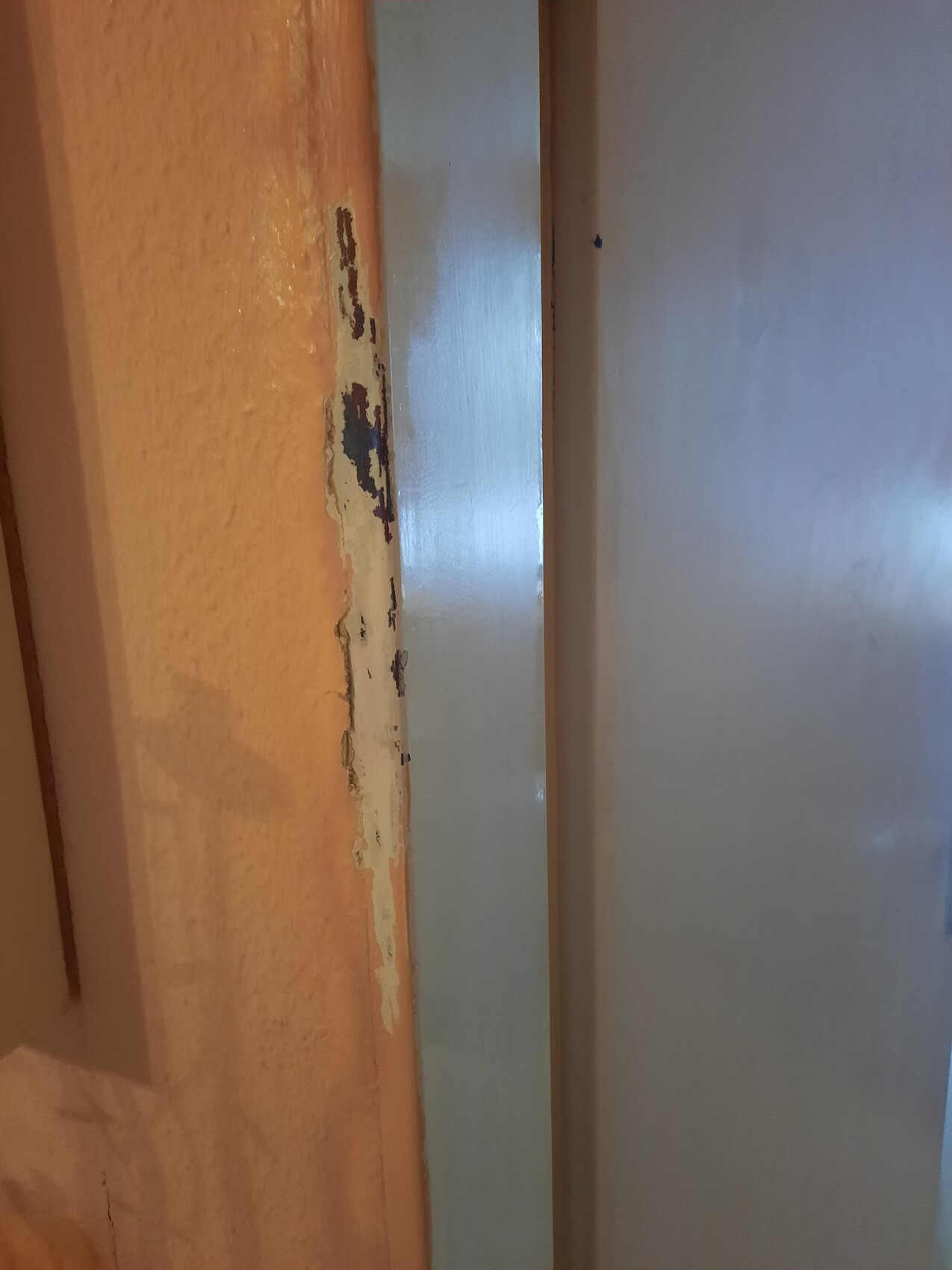Close-up of a door frame with peeling orange paint on the left, smooth metal surface on the right.