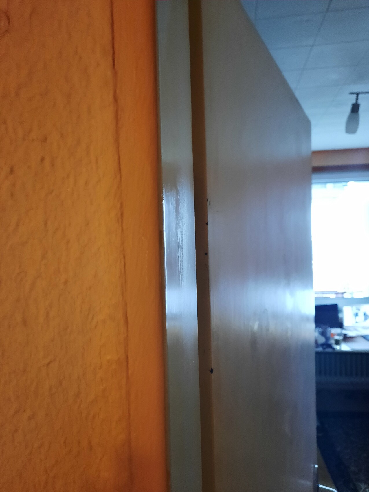 Door gap in office: left wooden frame, open door, view of desk and window.