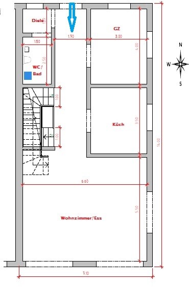 Grundriss eines Wohnhauses: Diele, WC/Bad, Küche, Wohnzimmer/Ess, Treppenhaus.