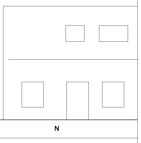 Zweigeteilte Skizze: oben zwei kleine Quadrate; unten links Quadrat, Mitte Rechteck, rechts Quadrat; Boden mit N.