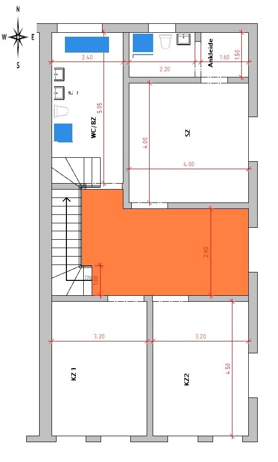 Grundriss eines Wohnhauses mit Schlafzimmer, Bad, Ankleide, Treppenhaus und orange markiertem Bereich.