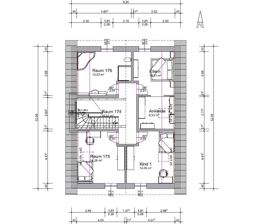 Attic floor plan with master bedroom, child’s room 1, dressing room and rooms 174, 175, 176.