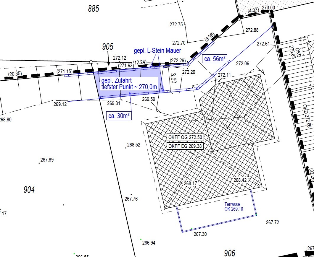 Site plan: Planned L-shaped retaining wall, driveway, approximately 56 m² (602 ft²) area, terrace.