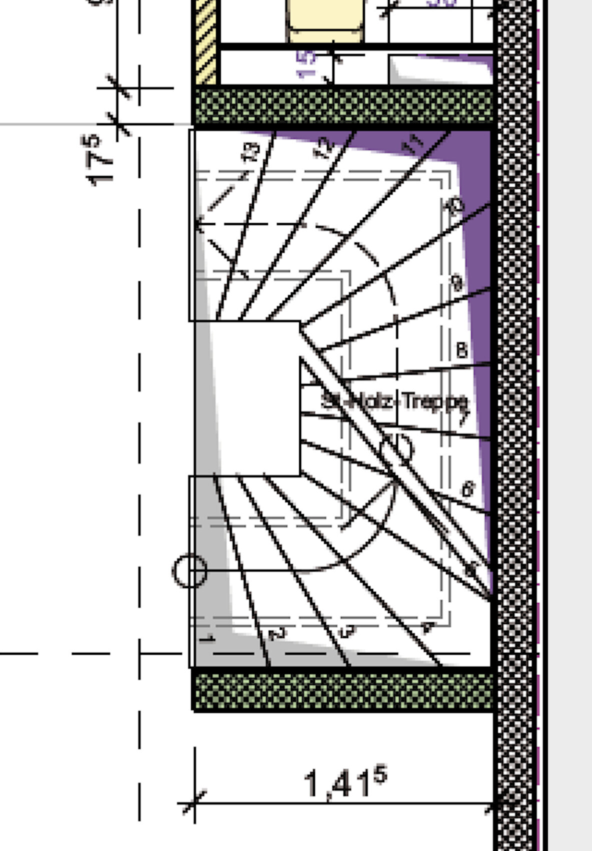 Architectural detail plan of a spiral staircase with dimension lines and labels