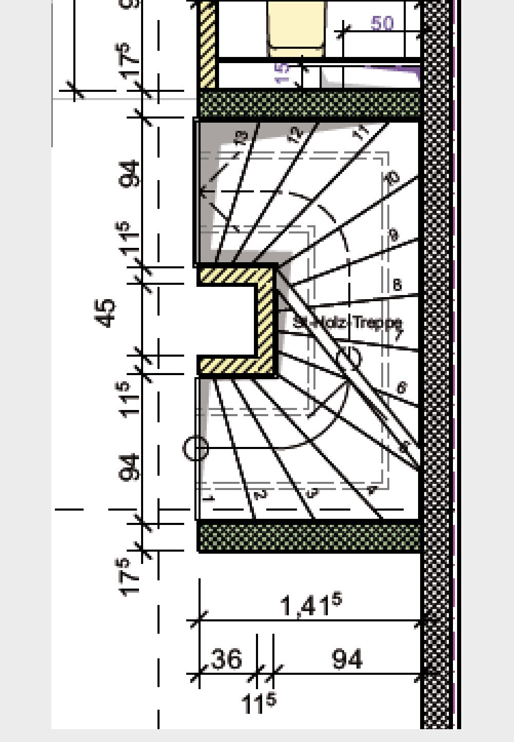 Architectural floor plan of an interior staircase with dimension lines and shaded walls.