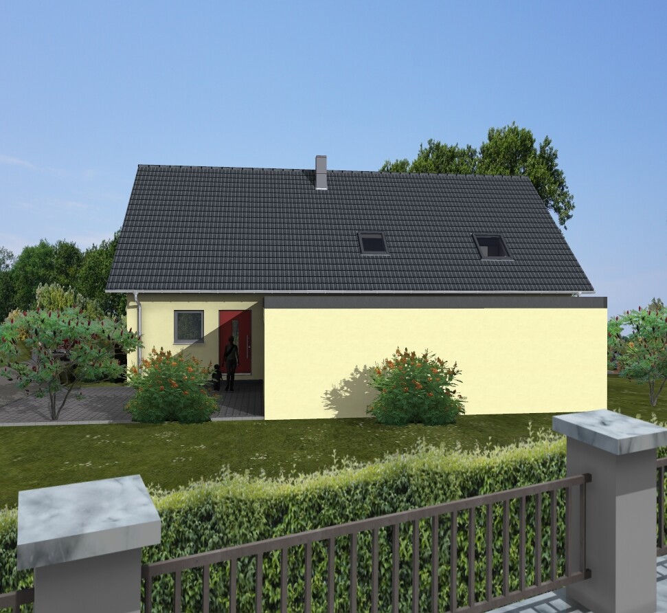 Gelbes Einfamilienhaus mit dunklem Satteldach, roter Tür, zwei Dachfenster, Garten und Zaun.