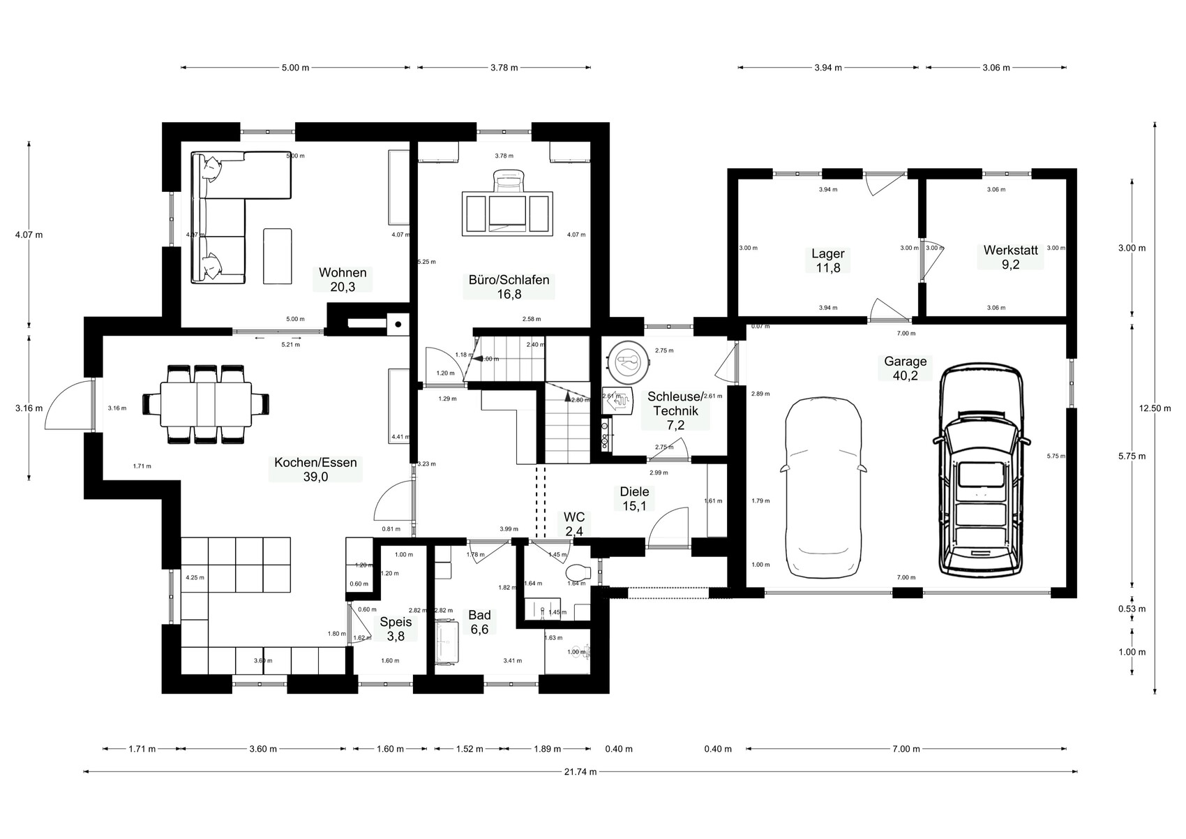 Floor plan of a single-family house with living room, kitchen, bedroom, and garage