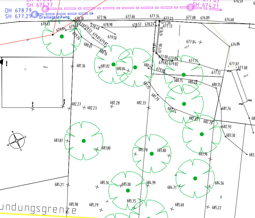 Vermessungslageplan mit vielen grünen Baumkreisen (Bäume) und Maßlinien.