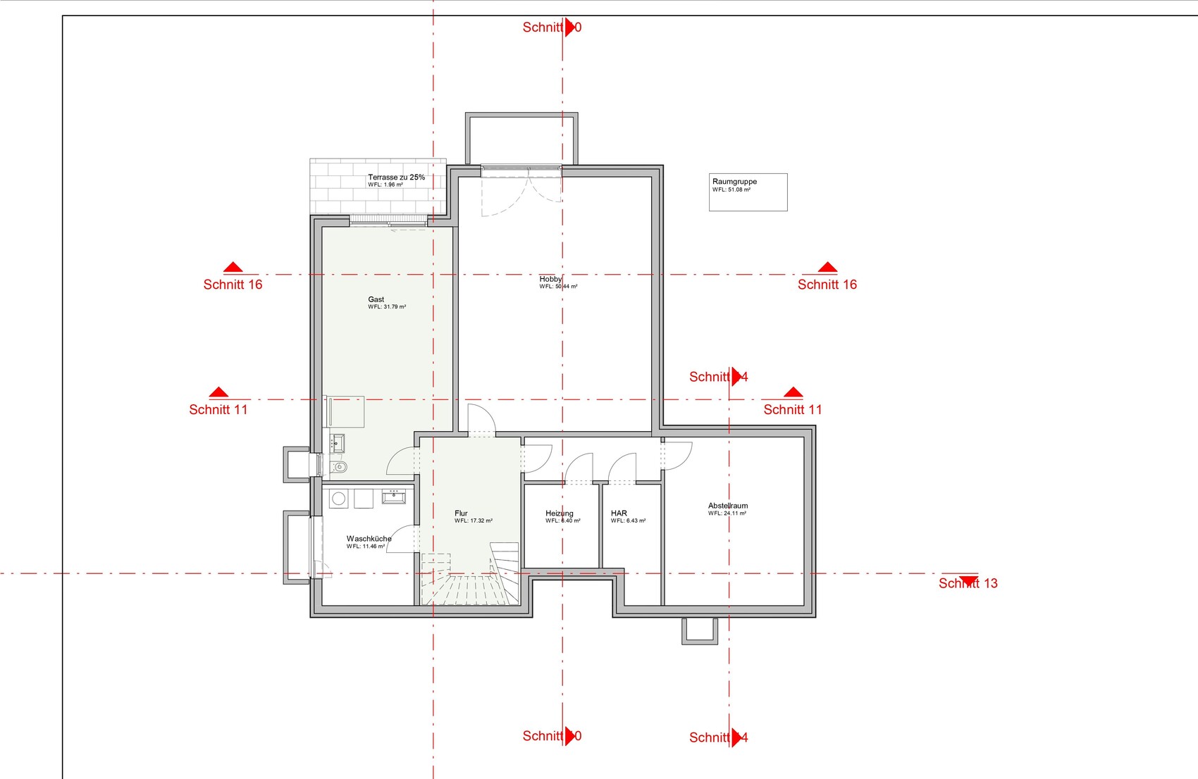 Grundriss eines Hauses mit Gast, Hobby, Flur, Waschküche, Heizung, HAR, Abstellraum und Terrasse.