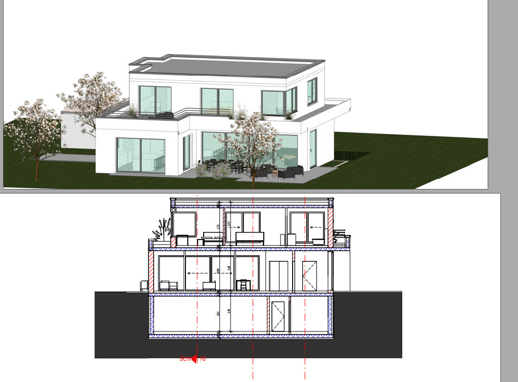 Moderne zweigeschossige Villa mit Dachterrasse, Gartenblick; darunter Grundriss- und Schnittezeichnung.