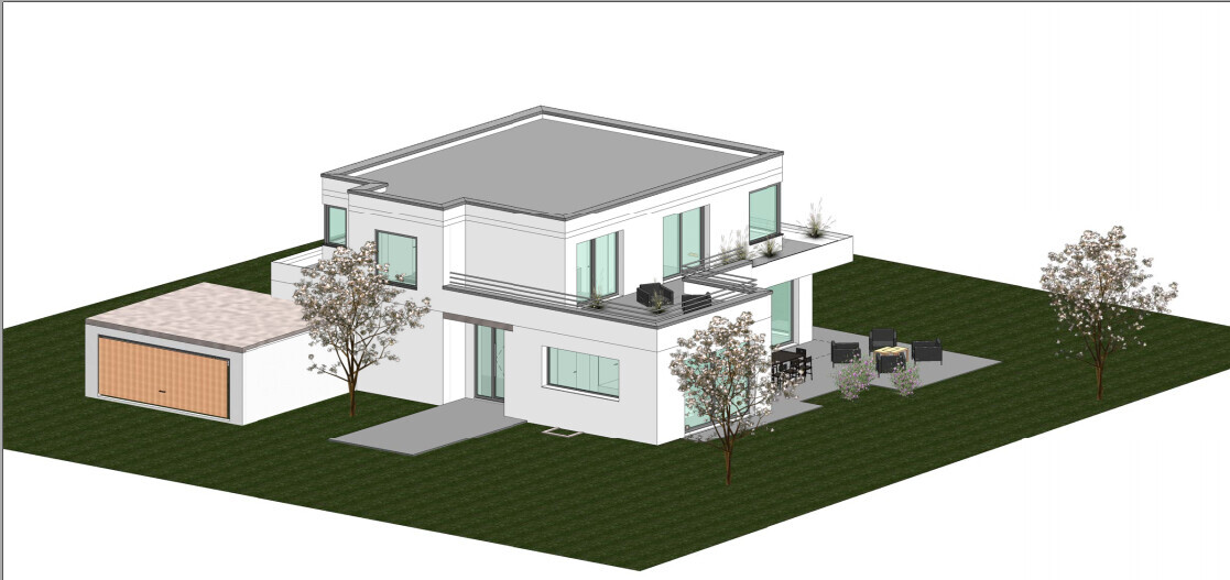 Moderne weiße zweistöckige Villa mit Flachdach, Balkon, Terrasse, Garage und Garten.