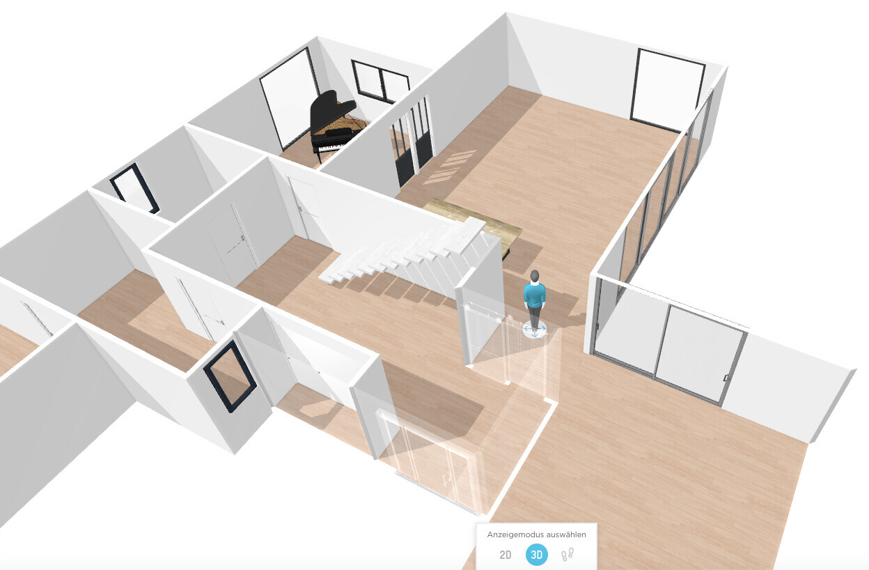 3D architectural model: open living area with staircase, glass walls, piano and person