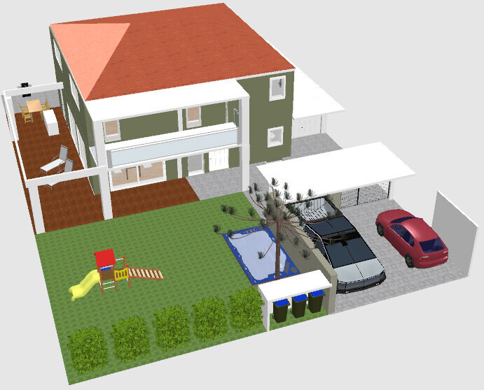 3D house with red roof, green facade; garden with playground, pool, trees, carport and two cars.