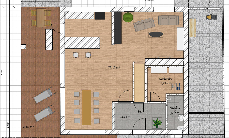 Floor plan of a house: open kitchen with island, dining table, sofa, hallway, cloakroom, guest bathroom, terrace.